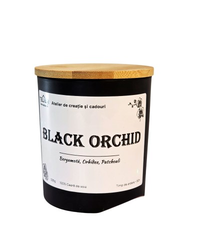 Lumânare parfumată din ceară de soia Black Pearl Orchid în borcan cu capac de bambus – Telier