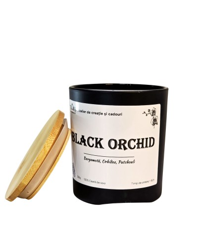 Lumânare parfumată Black Pearl Orchid în borcan de sticlă cu capac de bambus – Telier