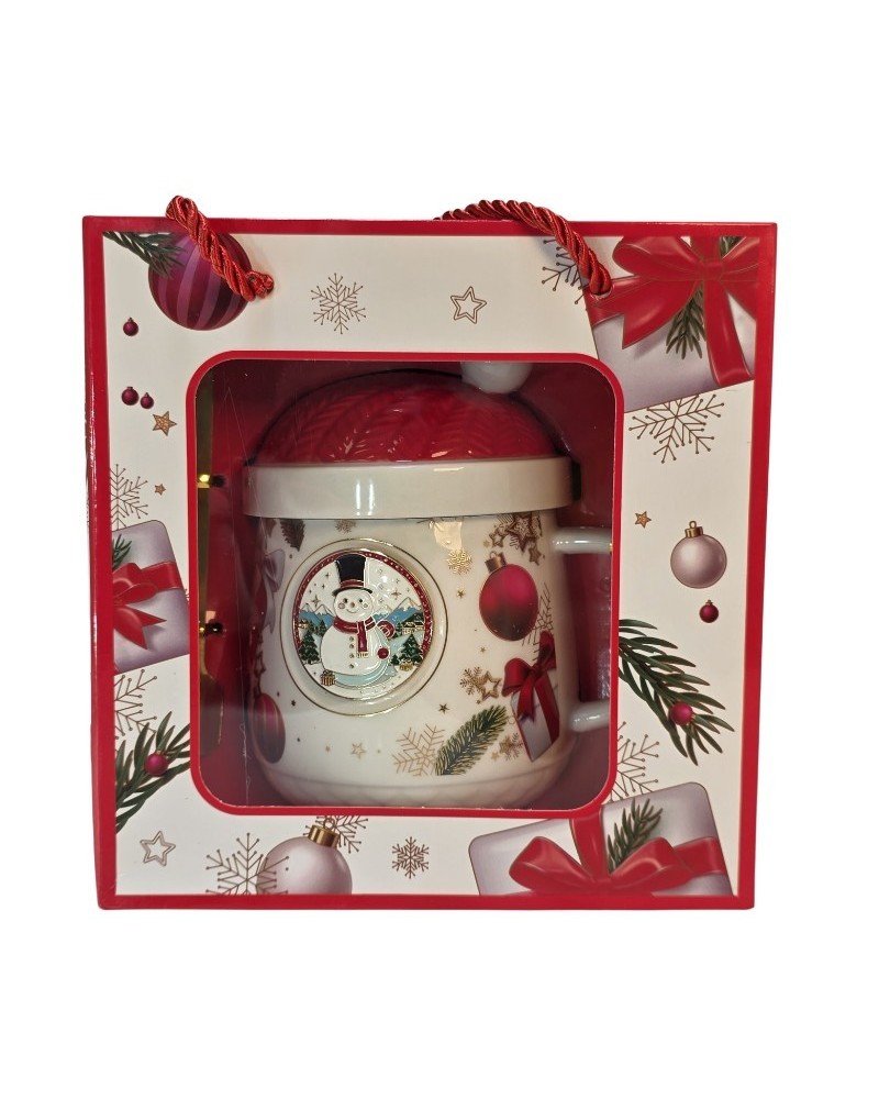 Cană de Crăciun cu capac și linguriță aurie, ambalată elegant