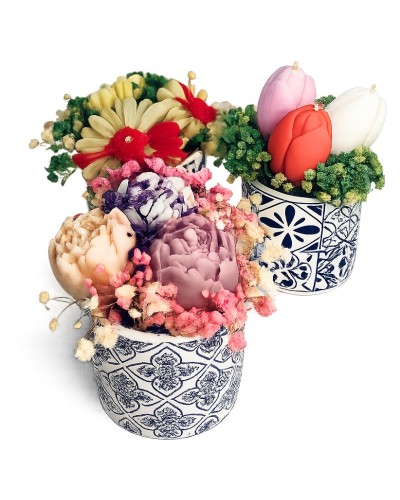 Aranjament decorativ în bol ceramic cu flori din ceară de soia | Telier