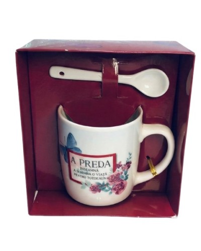 Set cadou cană cu mesaj și linguriță – cană cadou în cutie elegantă