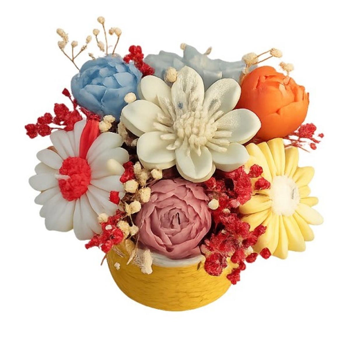 Aranjament decorativ floral în coș textil cu flori din ceară de soia – handmade - imagine 2