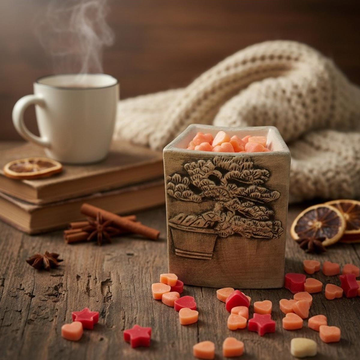Aromatizator ceramic pentru wax melts, suport decorativ cu aspect de lemn - imagine 2