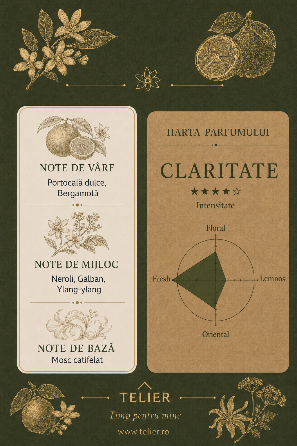 Harta olfactivă a lumânării Claritate, cu flori de portocal amar, neroli și vetiver