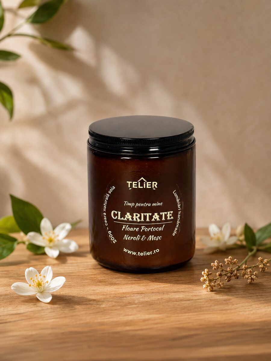 Lumânare parfumată din ceară de soia Claritate, cu flori de portocal amar, neroli și vetiver