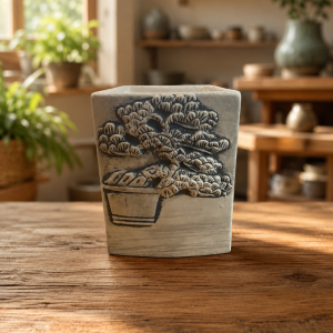 Aromatizator ceramic pentru wax melts, suport decorativ cu aspect de lemn și model în relief