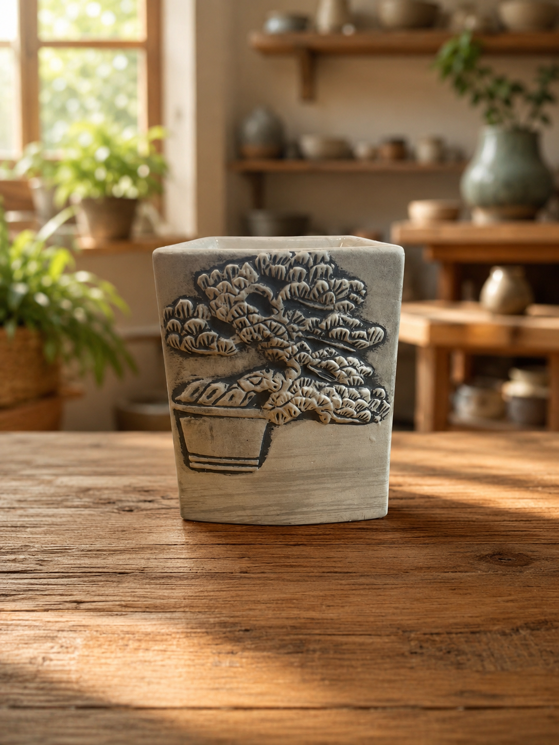 Aromatizator ceramic pentru wax melts, suport decorativ cu aspect de lemn și model în relief