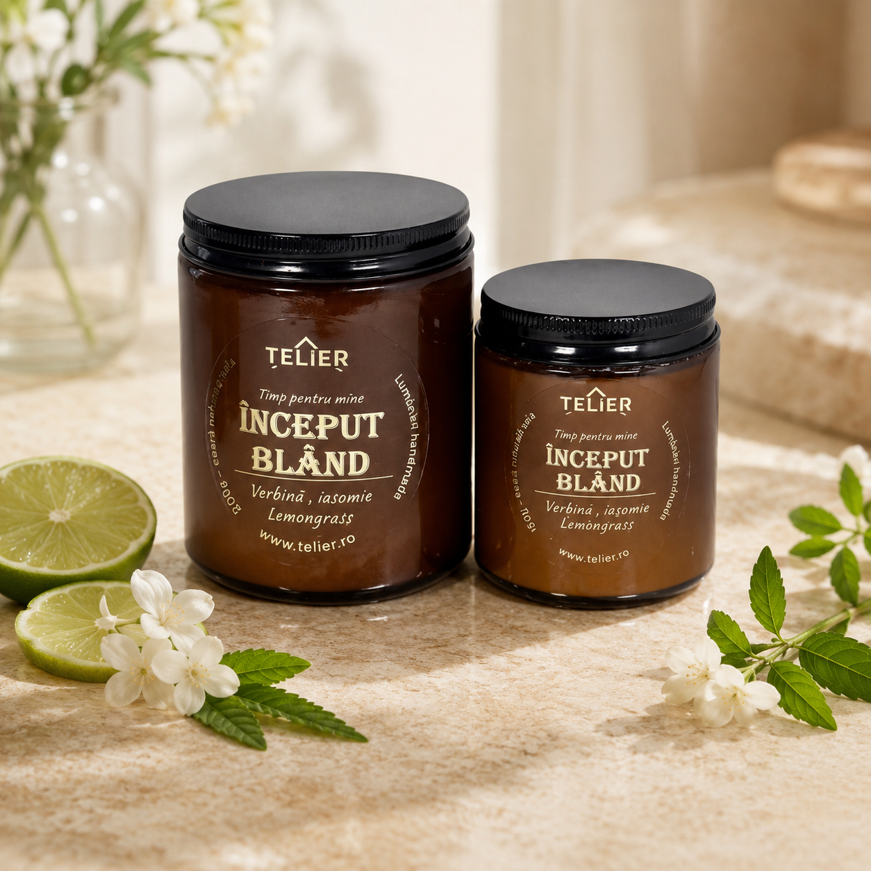 Lumânare parfumată din ceară de soia Început Blând, disponibilă în variantele de 100 g și 200 g