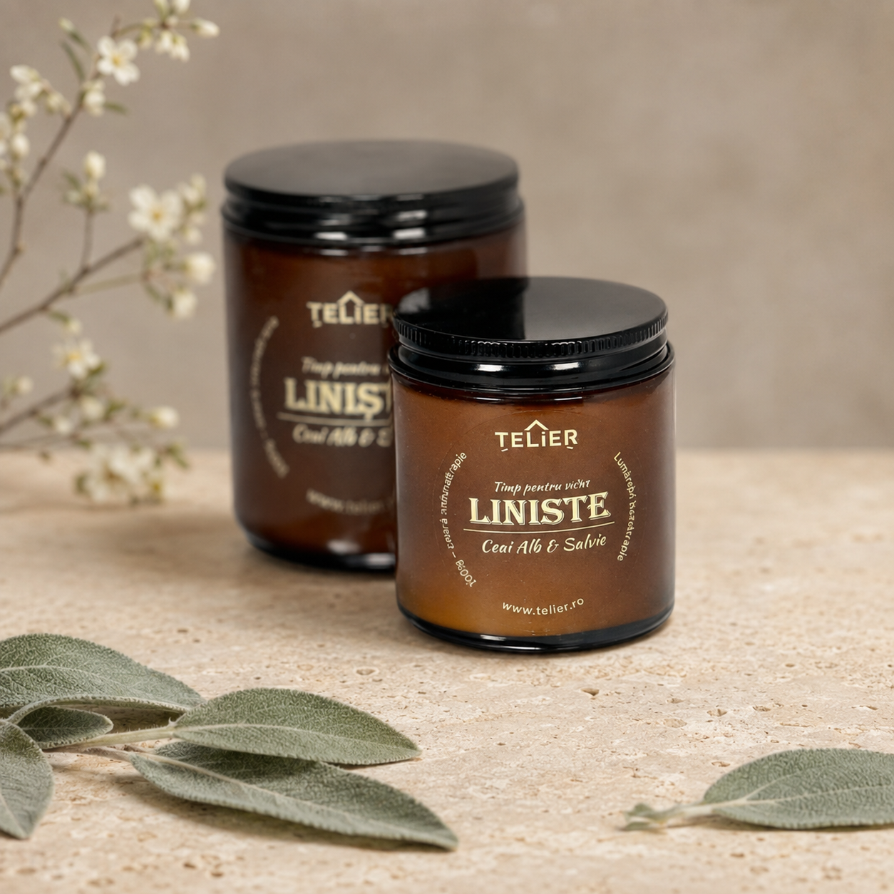 Lumânare parfumată din ceară de soia Liniște, disponibilă în variantele de 100 g și 200 g