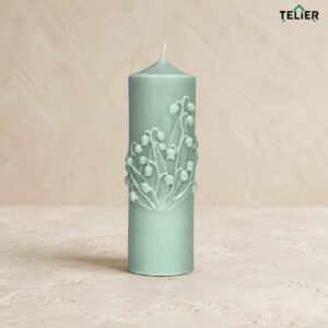Lumânare decorativă din ceară de soia Mărgăritar, verde, cu flori în relief