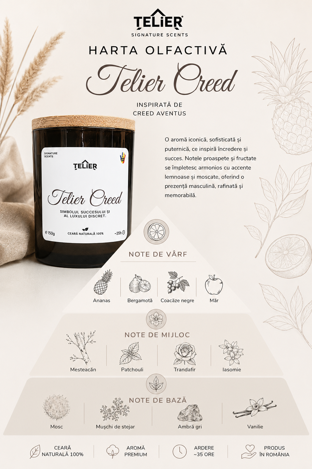 Text alternativ: Hartă olfactivă lumânare parfumată Telier Creed, cu note inspirate de parfumul Creed Aventus