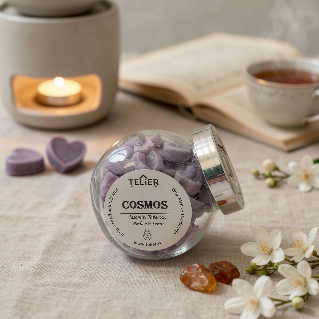 Wax melts parfumate Telier Cosmos din ceară de soia naturală, inspirate de Alien Mugler, utilizate într-un decor relaxant