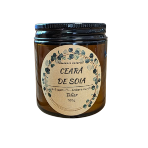 Lumânare din ceară de soia fără parfum 100 g Telier în recipient din sticlă chihlimbar