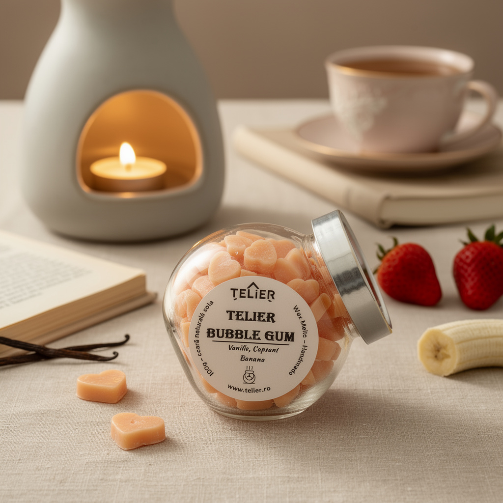 Wax Melts parfumate Bubble Gum Telier din ceară de soia naturală, 100 g, așezate lângă un aromatizator ceramic aprins, o ceașcă de cafea și căpșuni, într-un decor cald și elegant.