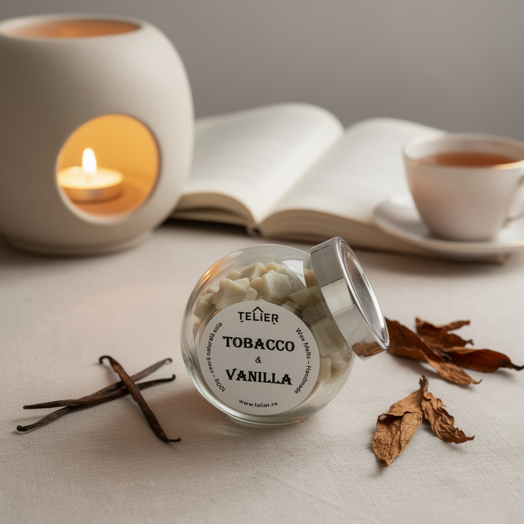 Wax Melts parfumate Tabacco Vanilla din ceară de soia naturală, inspirate de Tobacco Vanille Tom Ford, într-un decor elegant cu aromatizator ceramic.