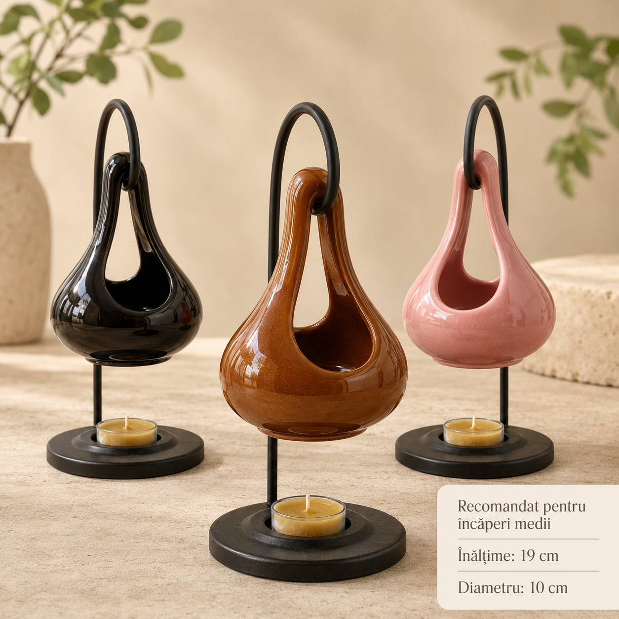 Aromatizator ceramic cu cadru metalic în trei variante de culoare