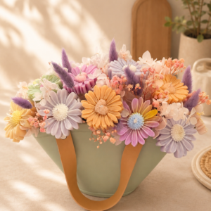 Aranjament floral cu margarete din ceară de soia în vază ceramică – handmade